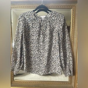 Rebecca Taylor 100% Silk Blouse Leopard Print Keyhole Neck Ruched Sleeve Sz 6